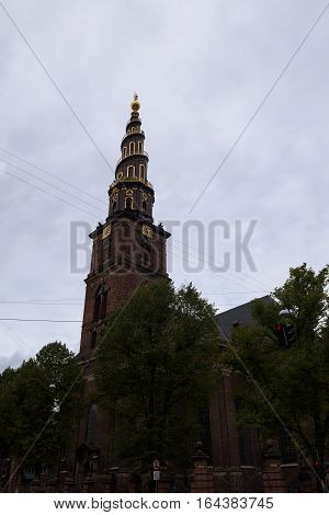 Impressive tower of the Church of Our Saviour, Copenhagen, Denmark