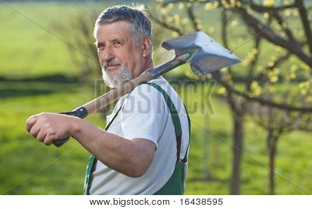 Ritratto di un uomo anziano bello giardinaggio nel suo giardino (immagine a colori dai toni)