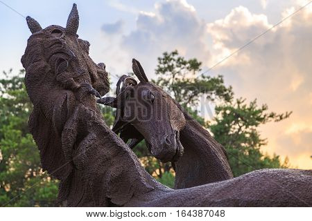 ROSTOV-ON-DON RUSSIA - JUNE 18 2016: Sculpture of the iron horses in the park of the city Rostov near airport