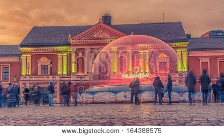 Klaipeda, Lithuania: Christmas lights and decorations in Theatre square at night