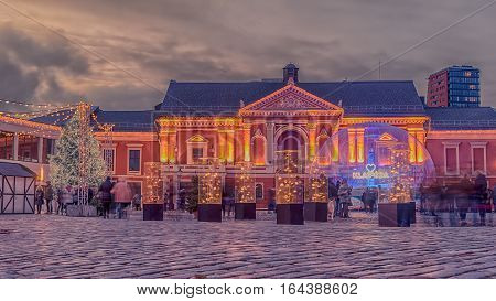 Klaipeda, Lithuania: Christmas lights and decorations in Theatre square at night