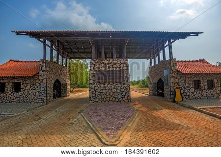 YALA NATIONAL PARK, SRI LANKA - CIRCA DECEMBER 2016: Entrance gate of famous Yala national park in Sri Lanka in December, 2016. Yala is known for enormous variety of rare Asian animals
