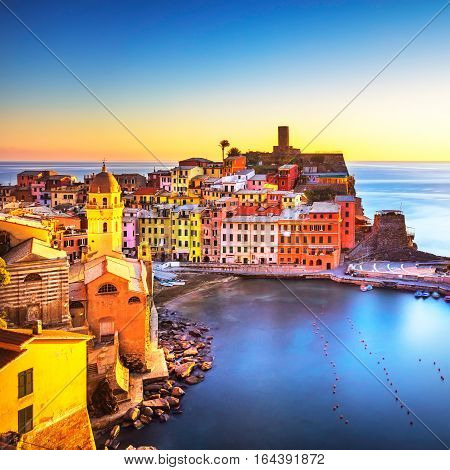Vernazza village panoramic view on red sunset. Cinque Terre National Park Liguria Italy Europe.