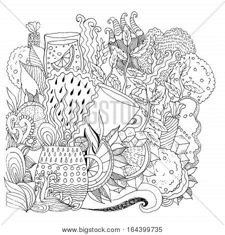 Vectr monochrome illustration for coloring on a tea time theme. Design element, image for coloring books, magazines, art therapy and relaxation. 