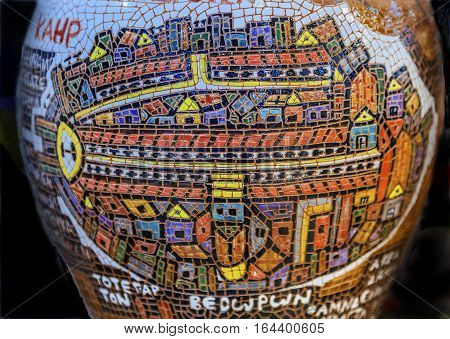 Jerusalem Map Pottery Vase Madaba Jordan. Map is copy of Jerusalem Map Mosaic from Saint George Church