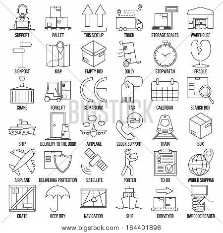 Logistic icons. Warehouse and shipping equipment. Storage scales, dolly, tag, forklift, crane and other things. Line art vector illustration.