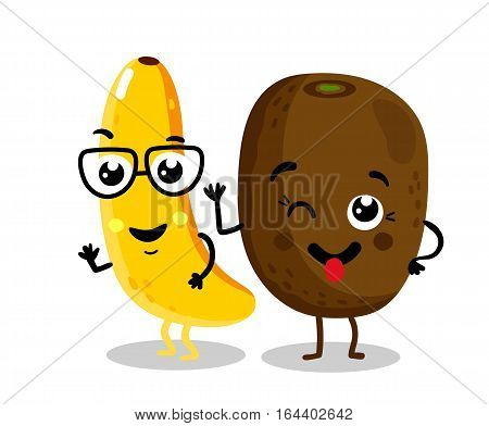 Cute fruit cartoon characters isolated on white background vector illustration. Funny kiwi and banana emoticon face icon collection. Happy smile cartoon face food emoji, comical fruit mascot set.