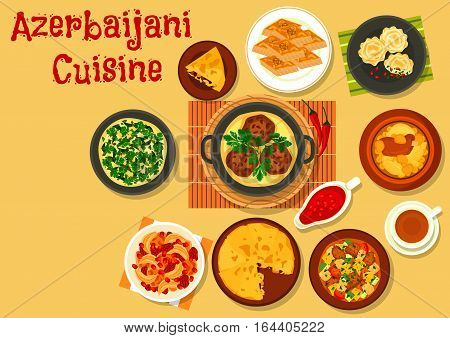 Azerbaijani cuisine dinner with dessert icon of vegetable lamb stew, rice pilaf with dried fruit, fried chicken with cornel, chickpea lamb stew, meatball, fish pie, nut and honey baklava, omelette