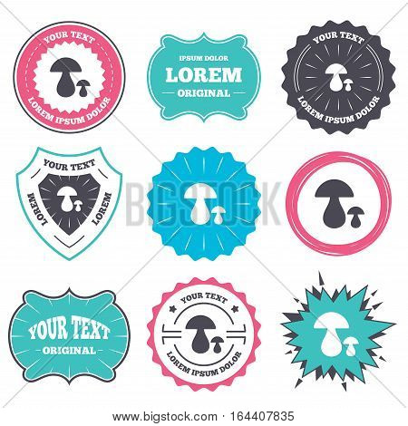 Label and badge templates. Mushroom sign icon. Boletus mushroom symbol. Retro style banners, emblems. Vector