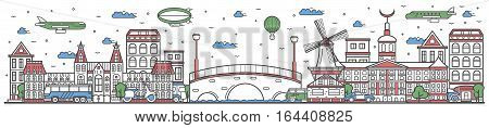 Travel in Amsterdam city banner vector illustration. Worldwide traveling concept with famous modern and ancient architectural attractions. Amsterdam cityscape panorama landmark line design poster. Travel banner design. Best world travel landmarks concept.