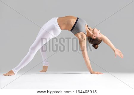 Young attractive woman practicing yoga, stretching in Wild Thing, Flip-the-Dog exercise, Camatkarasana pose, working out wearing sportswear, indoor full length, isolated against grey studio background
