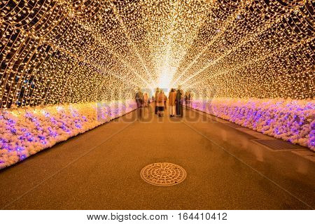 MieNagoya Japan - November 23 2015 : Unidentified tourist in blur motion visiting Nabana no sato winter illumination in Mie NagoyaJapan. It is one of Japan's largest illumination parks.