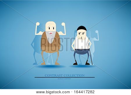 Vector represent contrast of elder who seek healthy and adult who seek unhealthy in cartoon