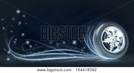 background with winter tire on the rim in the form of snowflakes, 3D illustration