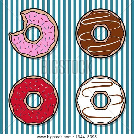 Four delicious colorful glazed donut on a blue and white background