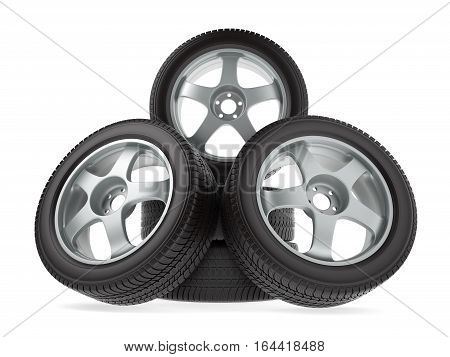wheels with new tires on white background, 3d illustration