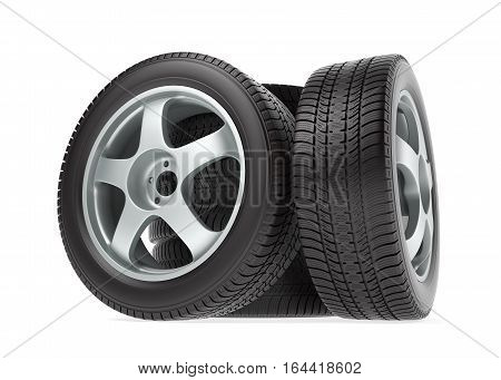 New car wheel with winter tire isolated on white background, 3d illustration