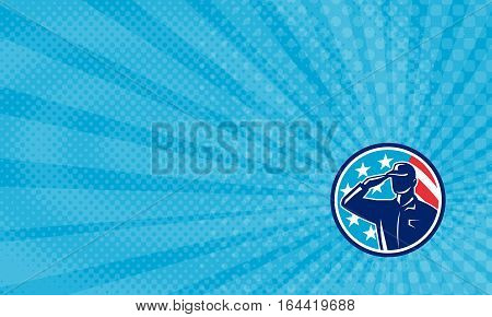 Business card showing Illustration of an american soldier Veteran serviceman silhouette saluting set inside circle with usa flag stars and stripes in the background done in retro style.