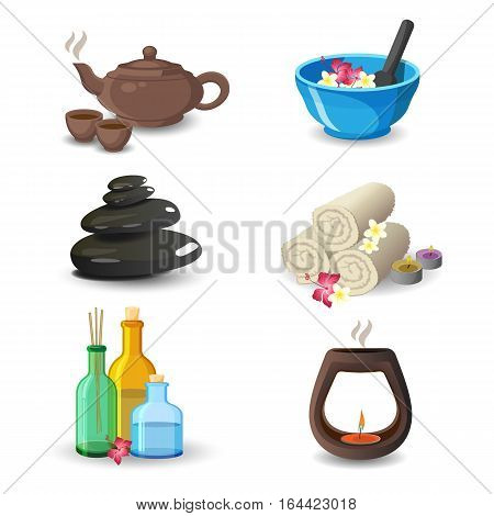 Aromatherapy and relaxation spa elements collection. Vector illustration of brown kettle and cups, blue bowl, white rolled towels with flowers, bottles and decorative candle and black medical stones.
