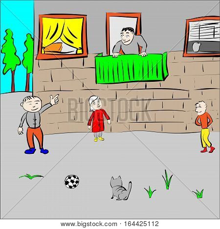 Children play in the yard on build background vector