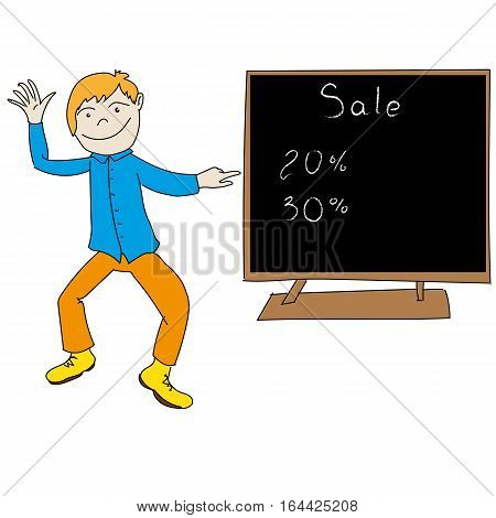 Boy shows the sale on white background vector illustration