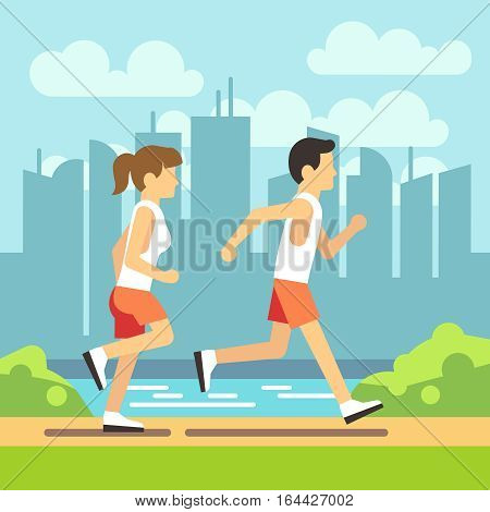Jogging sport people, athletic running man and woman. Vector healthcare concept. Man and woman running on path in park, illustration of people running