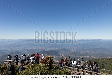 Tourist With Beautiful Scenery And Bright Sky At Kew Mae Pan Panoramic Vantage Point At Doi Inthanon