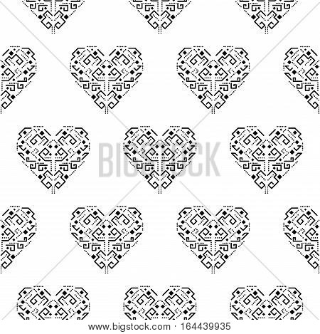 Tribal heart shape ornament seamless vector pattern. Black and white tileable aztec background.