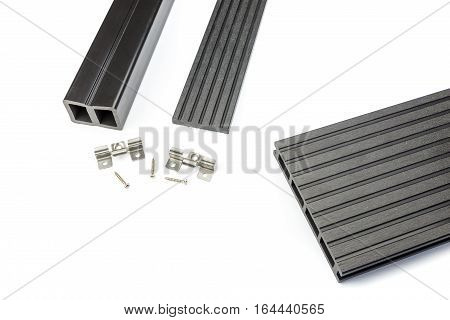 Antracite grey composite decking plank with fastening material