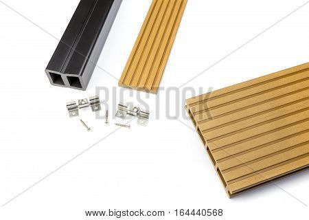 Brown composite decking plank with fastening material