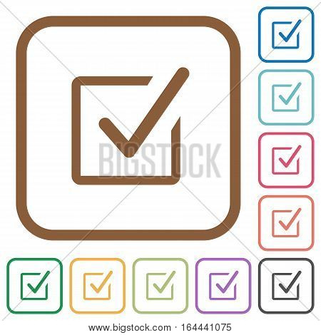 Checked box simple icons in color rounded square frames on white background