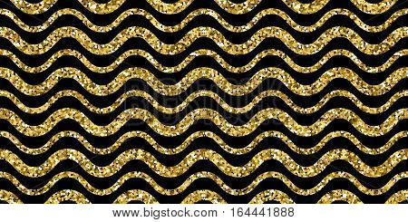 Gold sparkles glitter waves pattern on black background. Golden sparkle glitter and seamless wave with glitter foil. Vector illustration