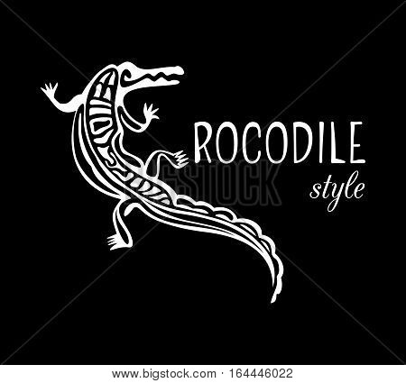 Crocodile Style logo. Outline alligator icon. White animal silhouette isolated on black background. Abstract design element. Vector illustration