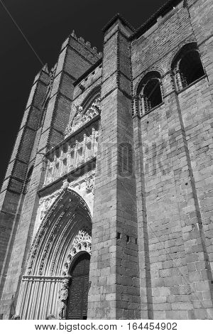 Avila (Castilla y Leon Spain): exterior of the medieval cathedral. Black and white