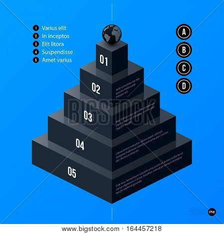 Corporate Business Pyramid Chart Template On Bright Blue Background. Useful For Presentations And Ad