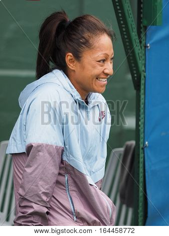 Melbourne Australia - January 9 2017: Mother and coach Rose Aiava watching Autralian young gun Destanee at the opening of the Kooyong Classic Exhibition tournament