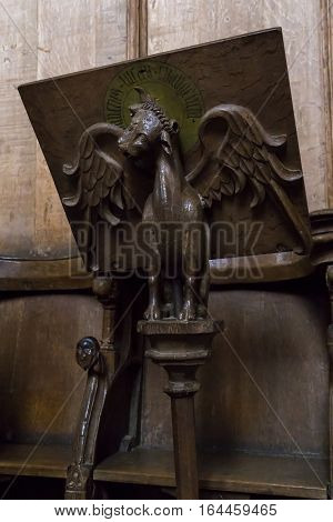 ROSKILDE, DENMARK - JUNE 26, 2016: This is carved wooden music stand in the presbytery of the cathedral in Roskilde.