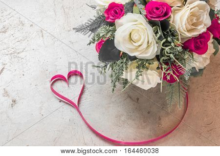 Valentine's Day Background,red Heart With Red White Rose ,ribbon And Present Box