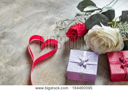Valentine's Day Background,red Heart With Red White Rose ,ribbon