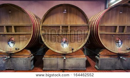 Tekirdag, Turkey - 17 December 2016: Oak barrels stored in a Wineyard