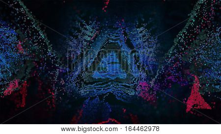 Abstract 3D Illustration background. Pixel art with blue and red triangular cloud in digital space