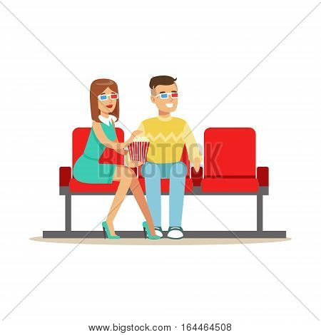 Couple Sitting In Cinema Room Wathing A Movie, Part Of Happy People In Movie Theatre Series. Vector Illustration With Cartoon Characters Indoors At The Movies
