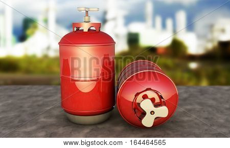 red propane cylinder with compressed gas 3d render against the background of the plant