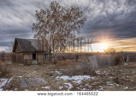 Winter landscape  Khakasia in Siberia. Sunset on Khakasia.