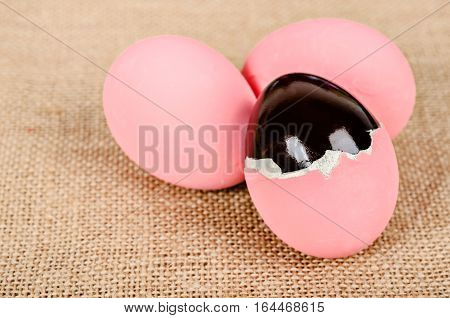 Thousand egg Preserving Duck on sack background.
