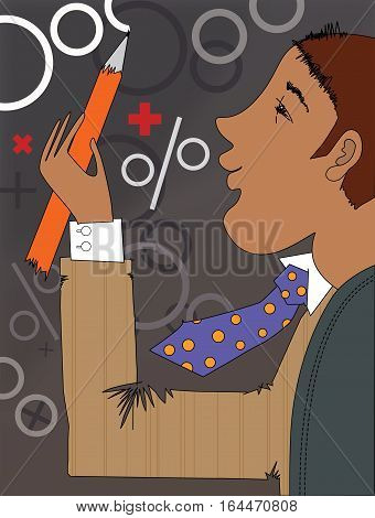 Portrait of a man in a chair with a pencil in hand to do the calculations humor