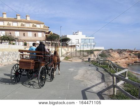Torrevieja, Spain - November 13, 2016 : Horse drawn carriage runs along coast road at Pilar del Horadada, Costa Blanca. Locals show off the rigs by running around the town, along with others.