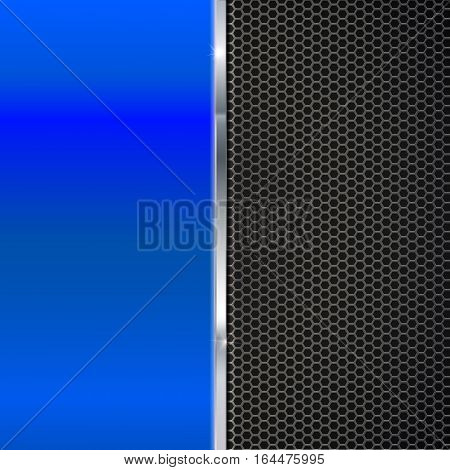 Background of polished red metal and black metal mesh with polished metal strip. Technological background for garages, auto shops and just creativity