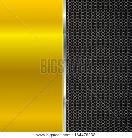 Background of polished red metal and black metal mesh with polished metal strip. Technological background for garages, auto shops and just creativity