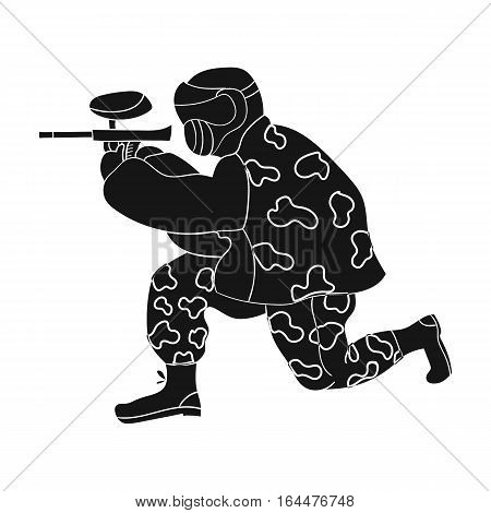 Paintball player icon in black design isolated on white background. Paintball symbol stock vector illustration.